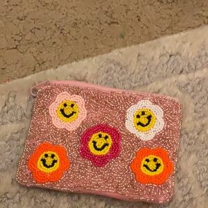 Beaded Floral Pouch with Smiley Faces